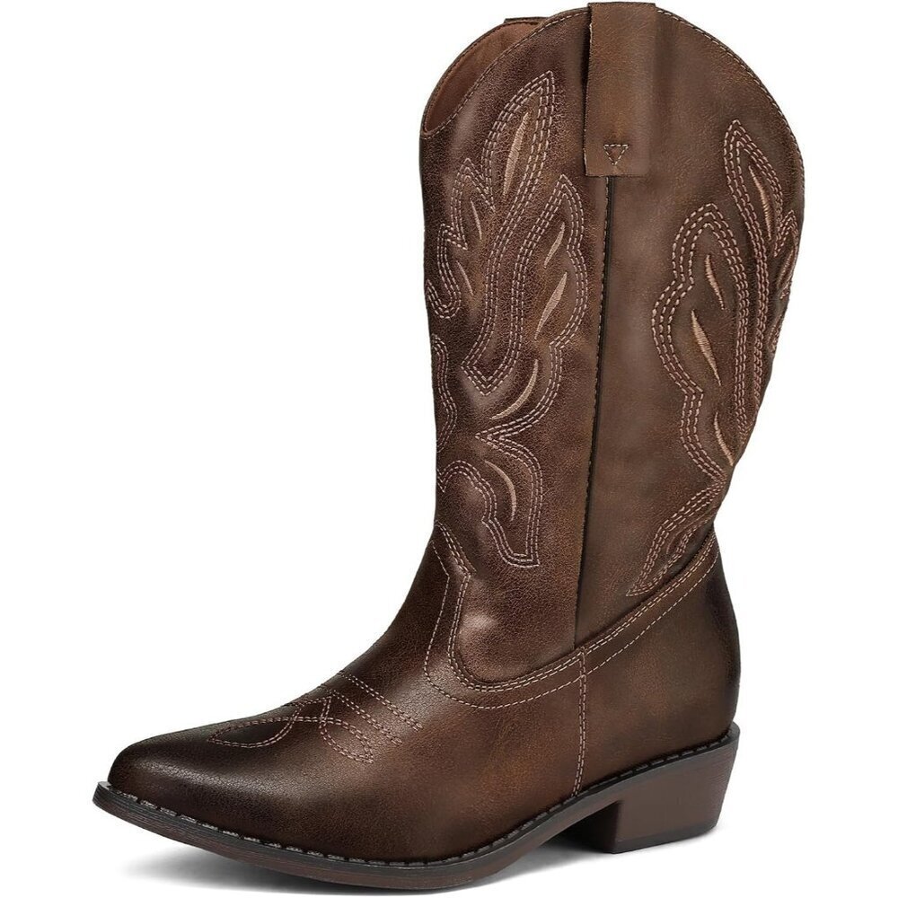 mysoft Women's Brown Western Cowboy Boots Mid Calf Pointed Toe Cowgirl